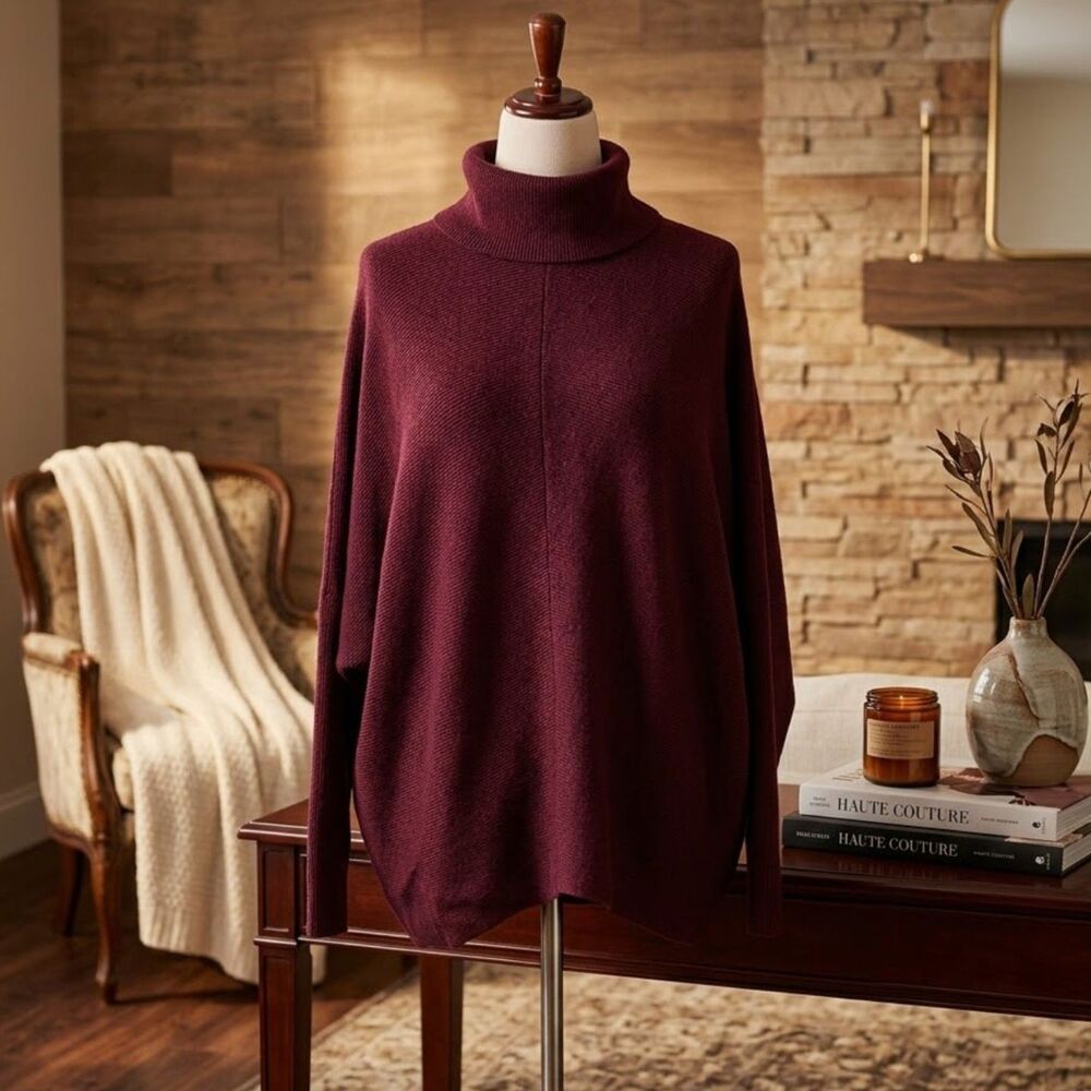 Oversized Burgundy Cowl Neck Sweater Merlot Maroon Ribbed Knit Top Medium